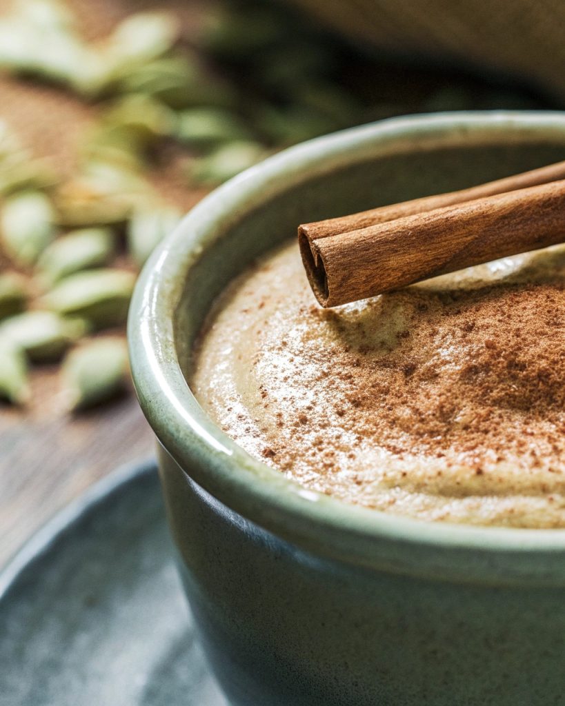 A creamy bowl of chai pudding garnished with cinnamon, showcasing its smooth texture and warm spiced flavor.